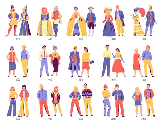 Fashion history clothing design evolution from middle ages to modern times couples flat set vector illustration