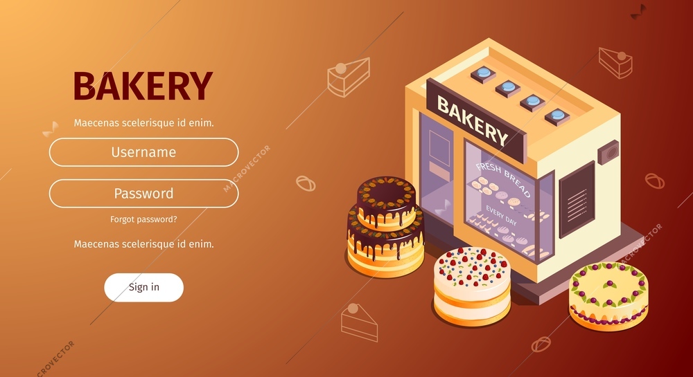 Isometric bakery horizontal banner with sign in form for entering username password and images of cakes vector illustration