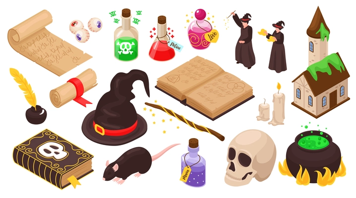 Magical set of magicians stuff for witchcraft magic potion ancient manuscripts skull isolated icons isometric vector illustration