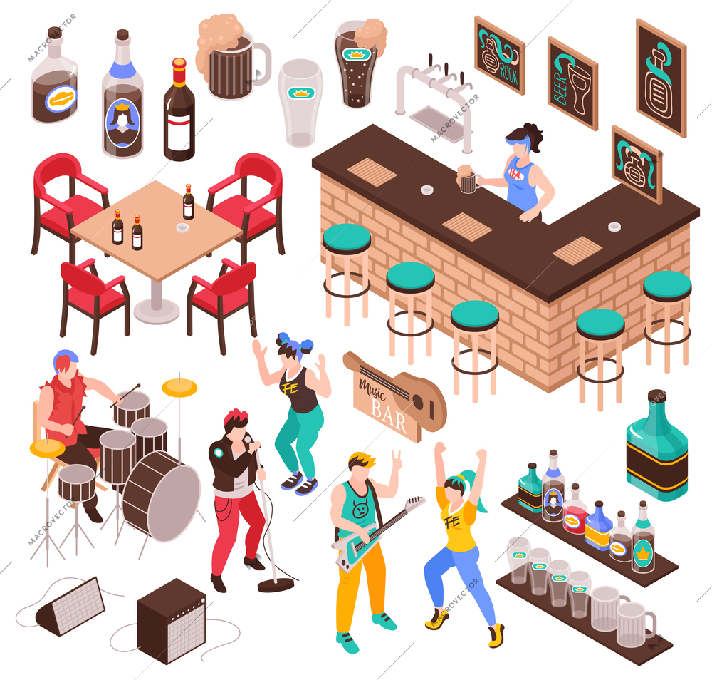 Music bar isometric set of furniture for cafe  drinks musicians band and dancing guests isolated vector illustration