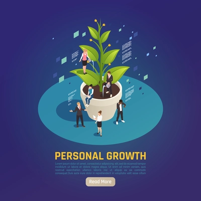Personal growth development plant metaphor circular isometric composition with people setting goals collaborating achieving results vector illustration