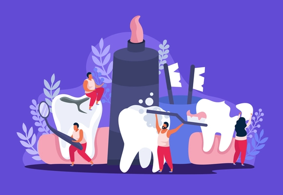 Dental health flat composition of doodle images human characters cleaning teeth with brushes and tooth paste vector illustration