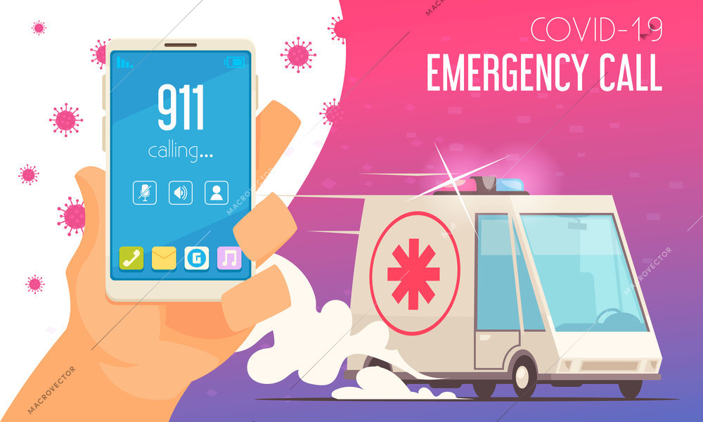 Medicine hygiene virus coronavirus composition with palm smartphone calling 911 and ambulance driving fast to rescue vector illustration