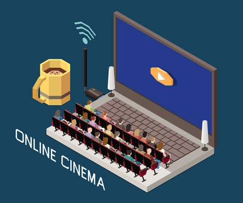 Cinema isometric composition with image of laptop with theater auditorium and people on seats with text vector illustration
