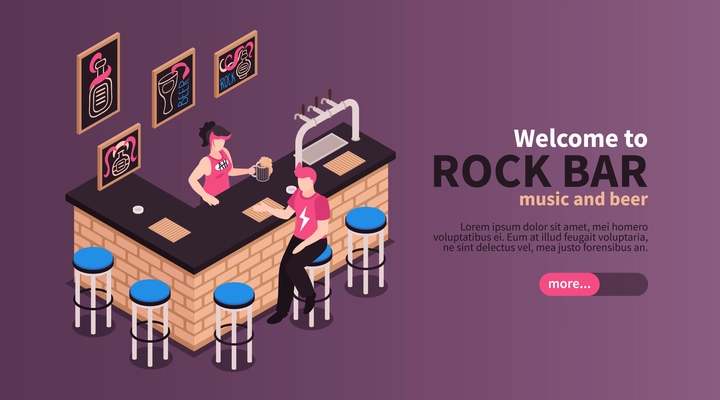 Welcome to rock bar horizontal banner with elements of interior and offering music and beer isometric vector illustration