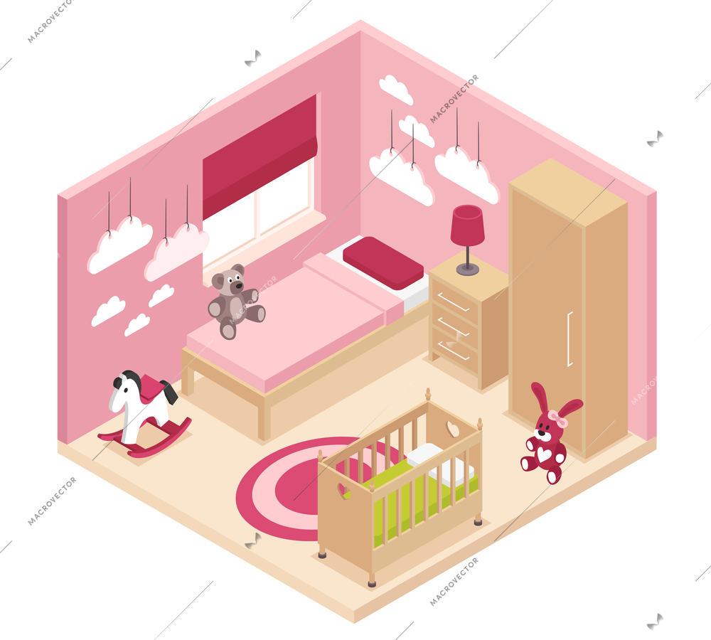 Cozy rose children room isometric interior with wardrobe bedside cabinet near bed baby cot and bunk bed vector illustration