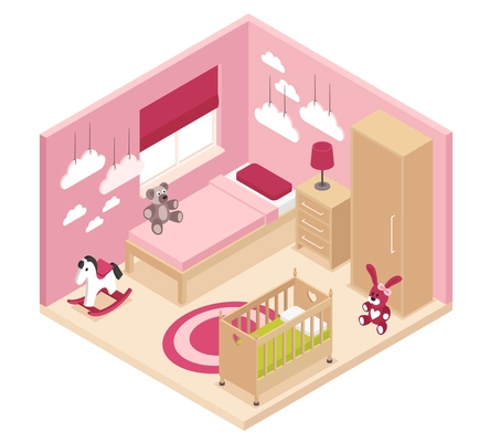 Cozy rose children room isometric interior with wardrobe bedside cabinet near bed baby cot and bunk bed vector illustration