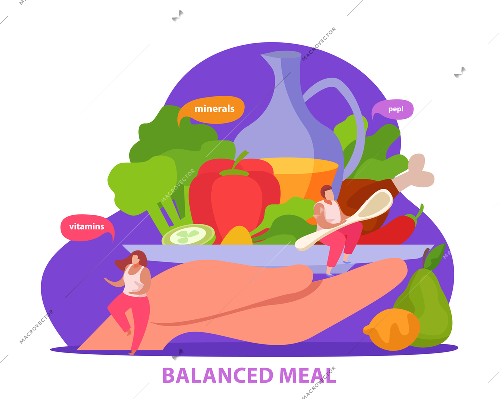 Healthy and super food flat composition of text and people with human hand holding organic products vector illustration