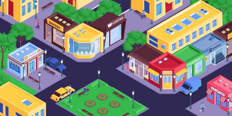 Isometric shops city composition with birds eye view of town district with streets and store buildings vector illustration