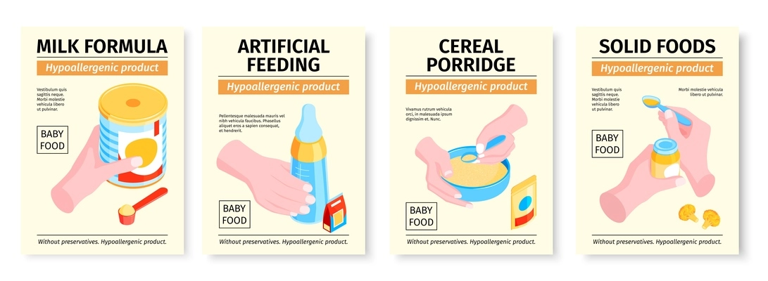 Isometric baby food set of four isolated vertical posters with editable text and childs meal images vector illustration