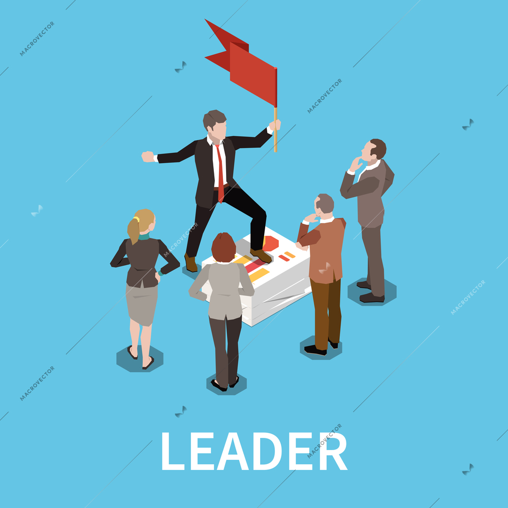 Leadership concept isometric composition with text and human characters of team workers surrounding man with flag vector illustration