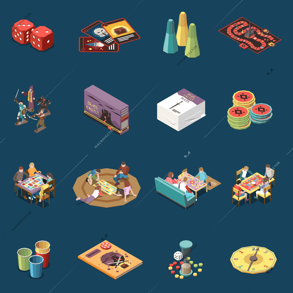 Set with isolated people playing board games isometric icons and images of game elements with characters vector illustration