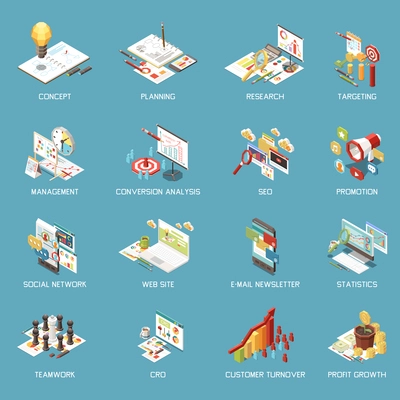 Marketing strategy concept icons isometric set with isolated images of desktop elements graphs with text captions vector illustration