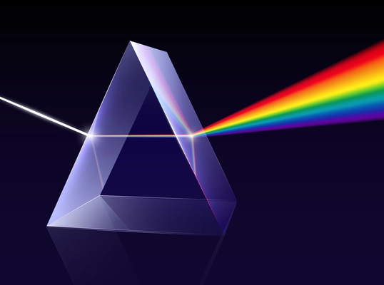 Prism light spectrum realistic composition with rainbow ray of light coming through 3d trangle shaped prism vector illustration