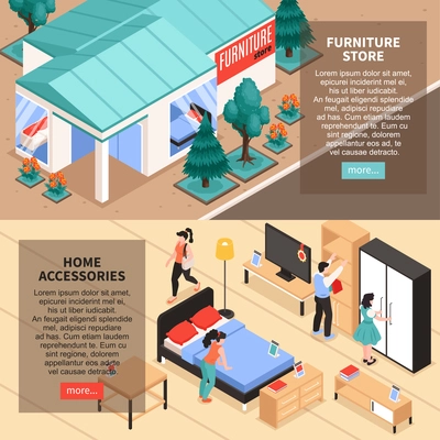 Furniture store outside and inside isometric banners with people choosing home accessories vector illustration