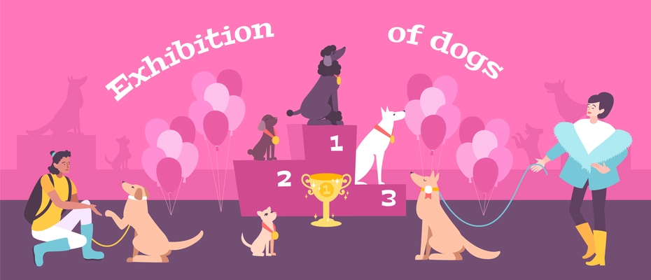 Dog breeds show prize awards exhibition center flat pink background banner with winners on  podium vector illustration