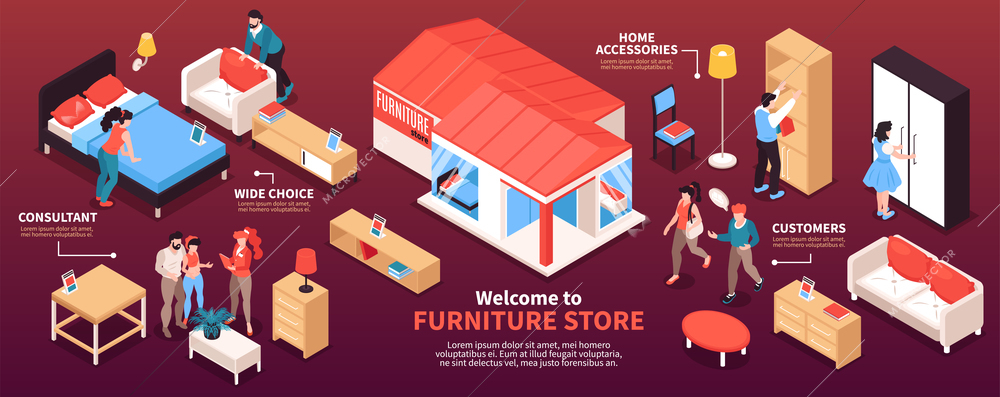 Furniture store horizontal infographics layout with consultant customers wide choice of furniture samples and home accessories isometric vector illustration