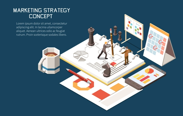 Marketing strategy concept isometric background with editable text and little human characters with plans and calendars vector illustration