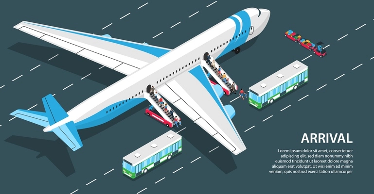 Passengers arriving at airport going down air stairs 3d isometric horizontal vector illustration