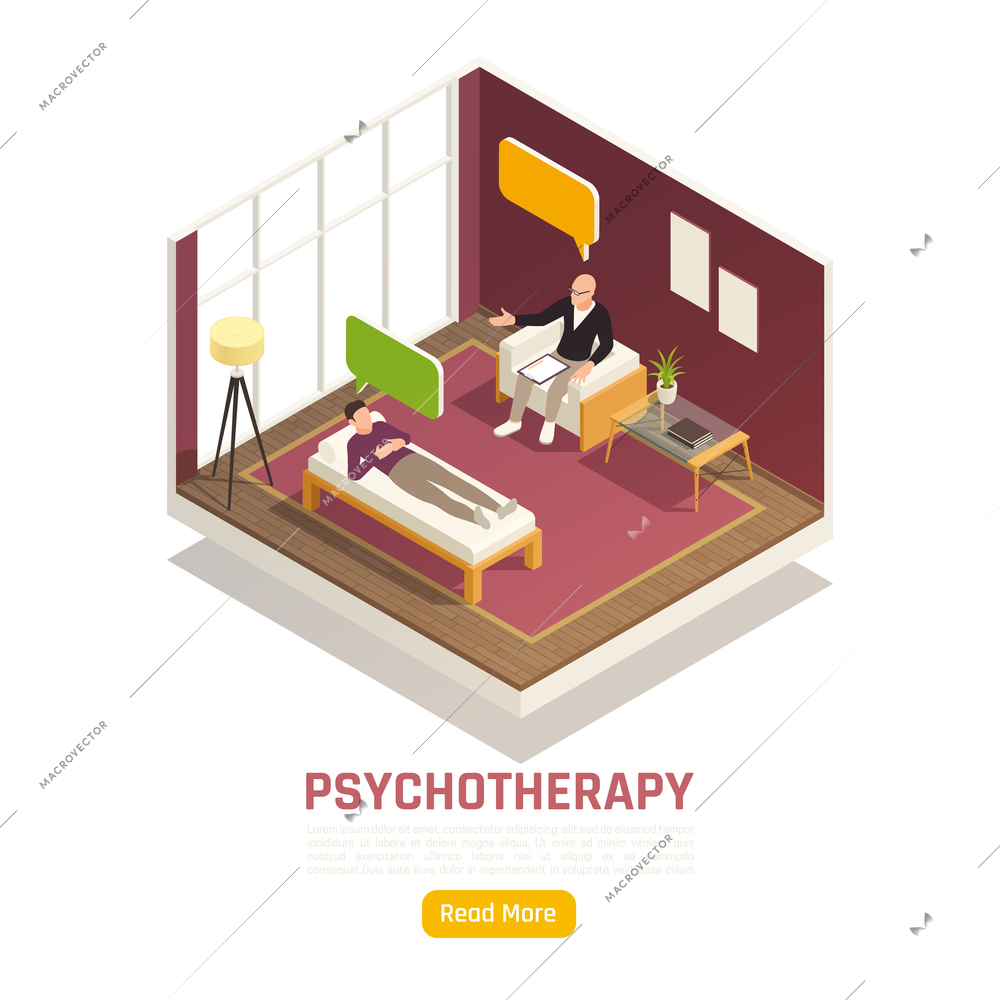 Psychotherapy session counselor office interior isometric website design with psychologist treating lying on coach client vector illustration