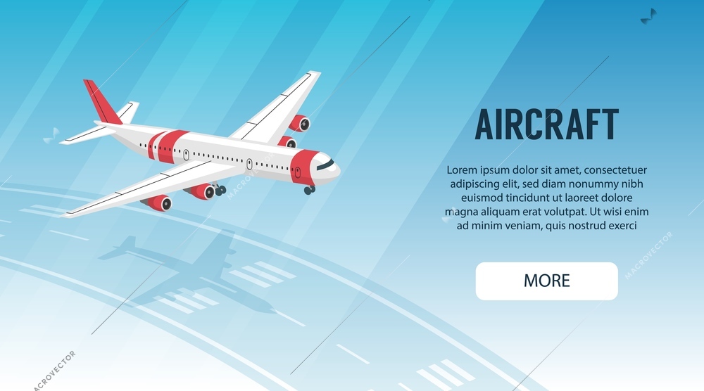 Horizontal banner with plane flying above airport takeoff runway 3d isometric vector illustration