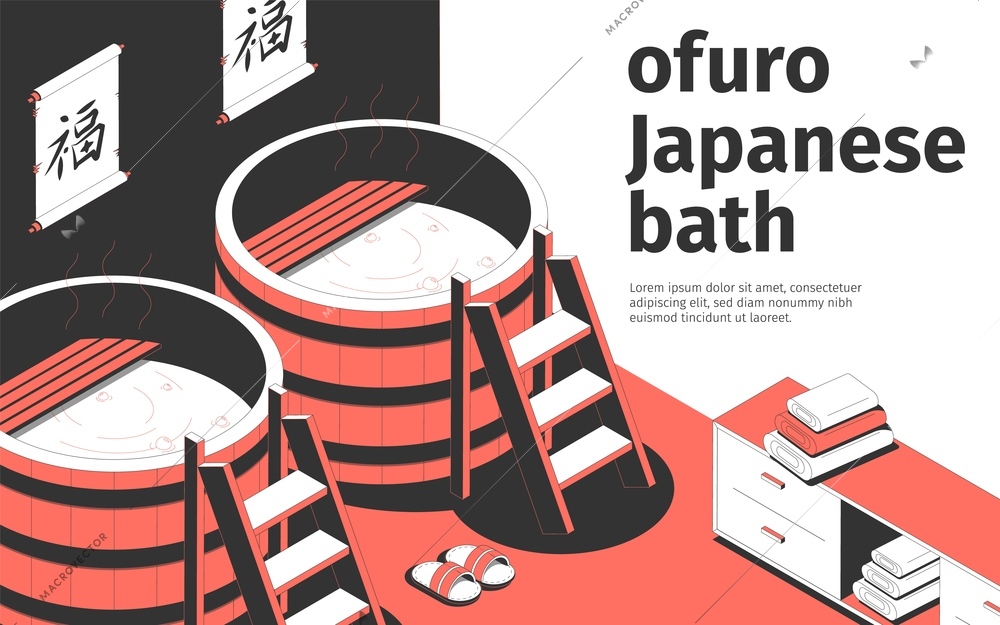 Ofuro japanese bath interior with two barrels towels slippers 3d isometric vector illustration