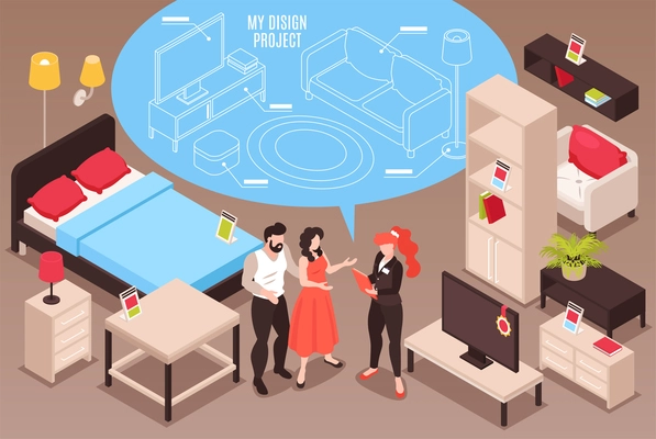 Furniture store isometric background with consultant presenting design project of living room to married couple vector illustration