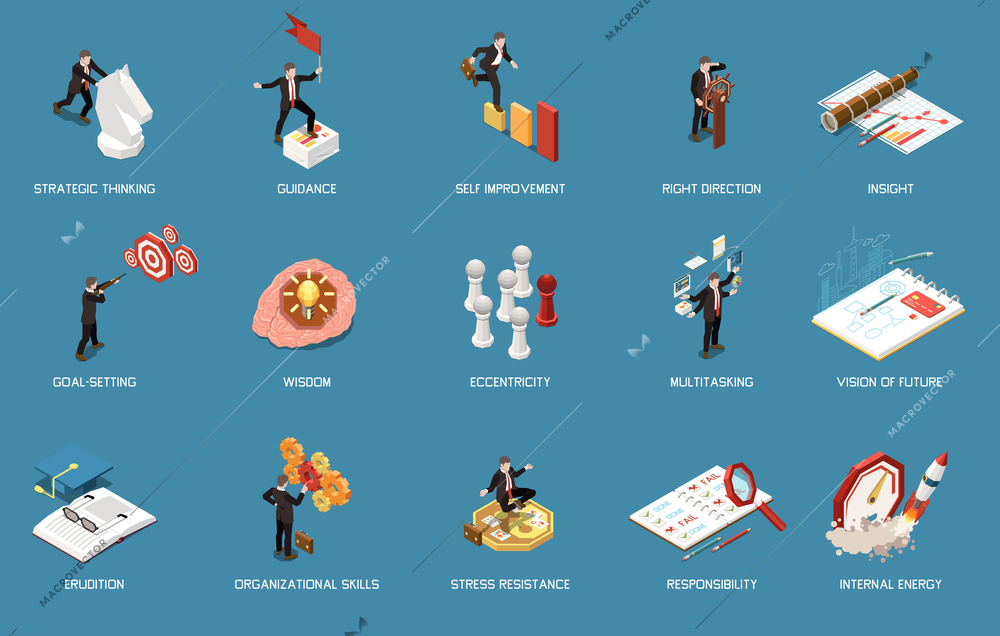 Leadership concept icons isometric set of isolated images human characters and planning signs with text captions vector illustration