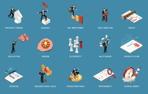 Leadership concept icons isometric set of isolated images human characters and planning signs with text captions vector illustration