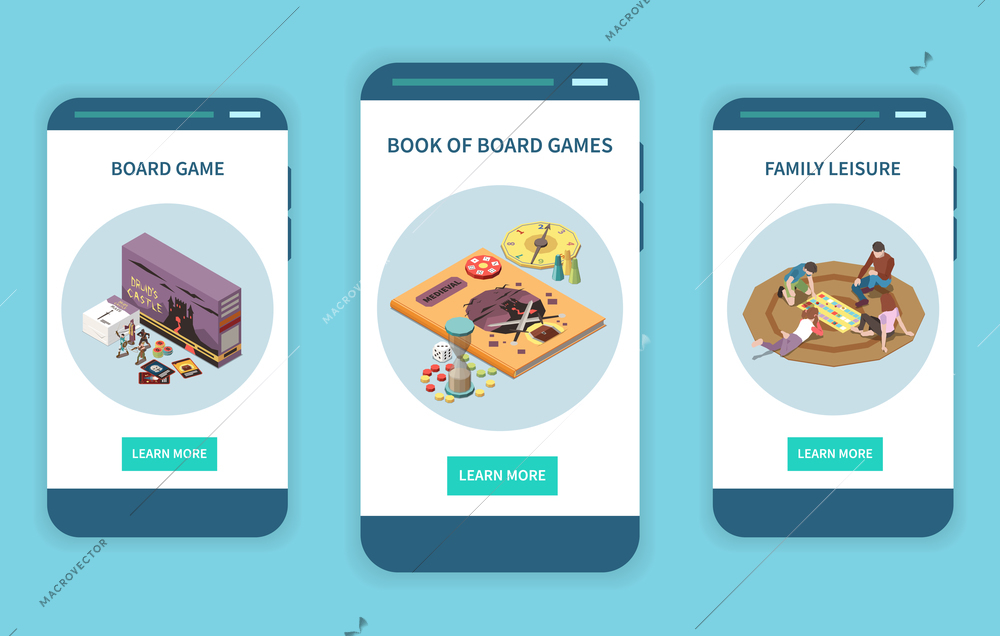 People playing board games isometric set of three vertical banners with learn more buttons and images vector illustration