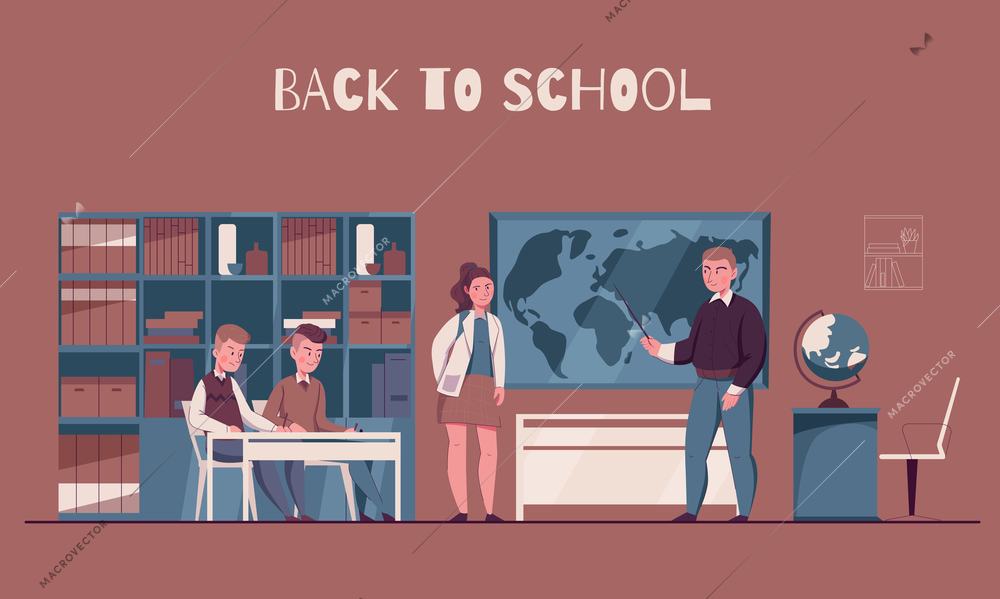 Back to school classroom interior flat composition with teacher and schoolgirl standing at board map vector illustration