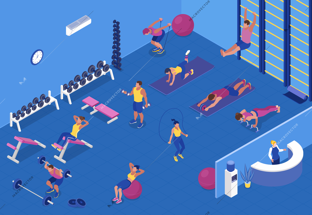 Isometric background with people doing cardio and weight training with fitness equipment at gym 3d vector illustration