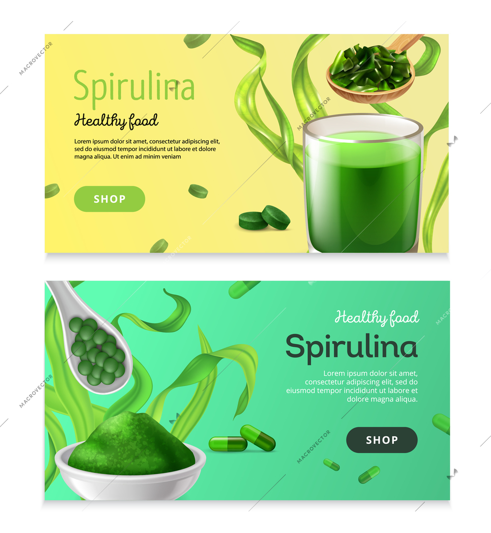Realistic spirulina banners collection with clickable shop button editable text and images of seaweed organic products vector illustration