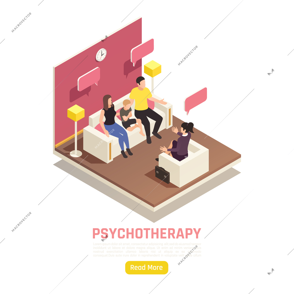 Family psychotherapy child psychological problems treatment isometric website design with counselor parents speech bubbles exchange vector illustration