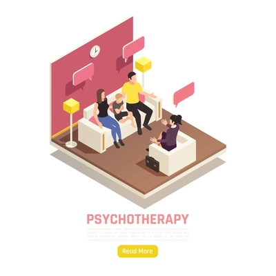 Family psychotherapy child psychological problems treatment isometric website design with counselor parents speech bubbles exchange vector illustration