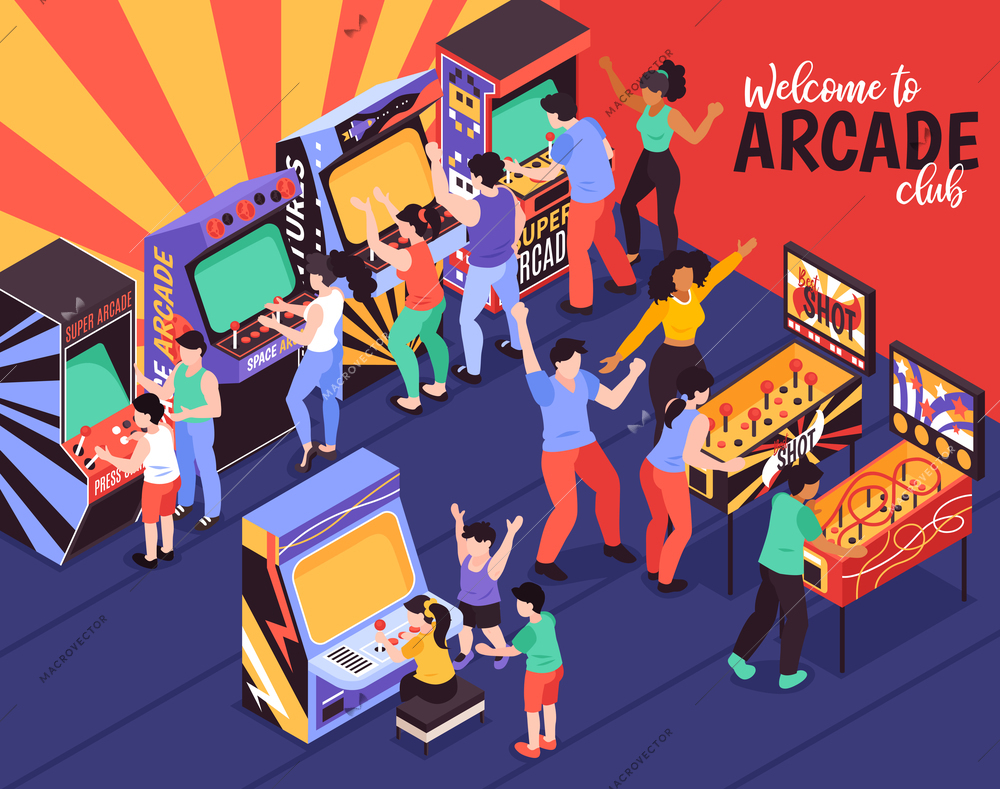 Welcome to arcade club colored background with parents and their children using game machines for playing isometric vector illustration