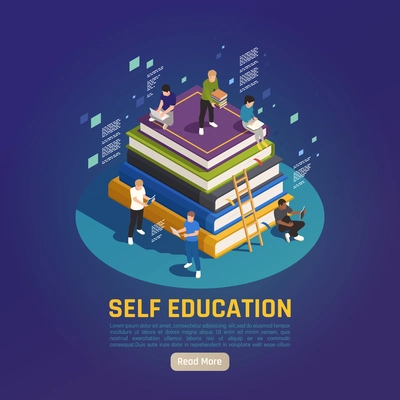 Self education for personal development isometric design with people reading studying on big books pile vector illustration