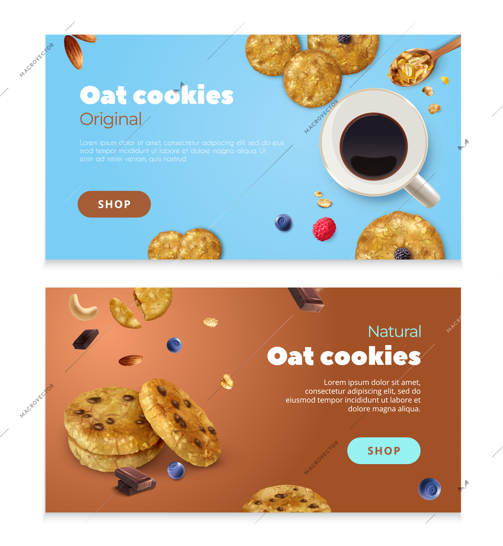 Realistic oat cookies set of two horizontal banners with food images editable text and shop button vector illustration