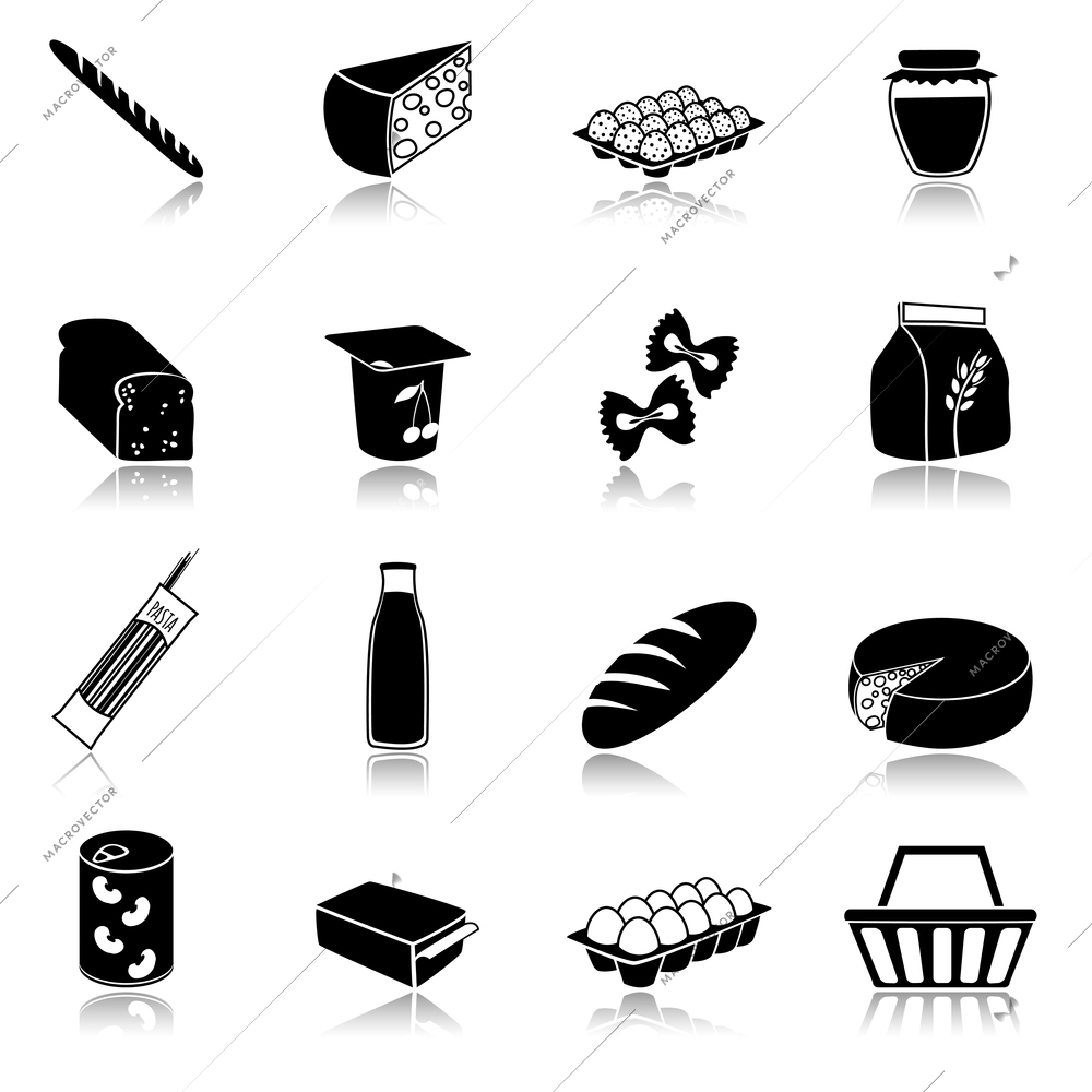 Food icons set of bread milk bottle egg box flour pack isolated vector illustration