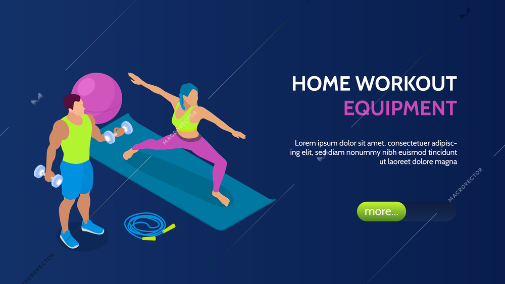 Man and woman training at home with fitness equipment isometric horizontal banner 3d vector illustration