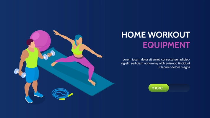 Man and woman training at home with fitness equipment isometric horizontal banner 3d vector illustration