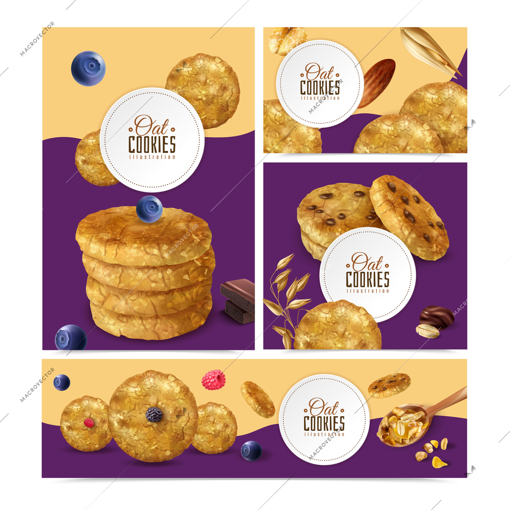 Realistic oat cookies set with banners of different size with editable text frames and biscuit images vector illustration