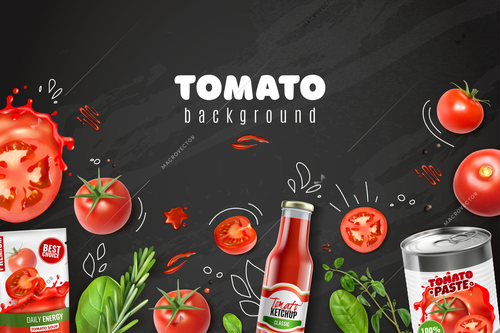 Realistic tomato chalkboard background with sketch style images drawn next to vegetables paste juice and ketchup vector illustration