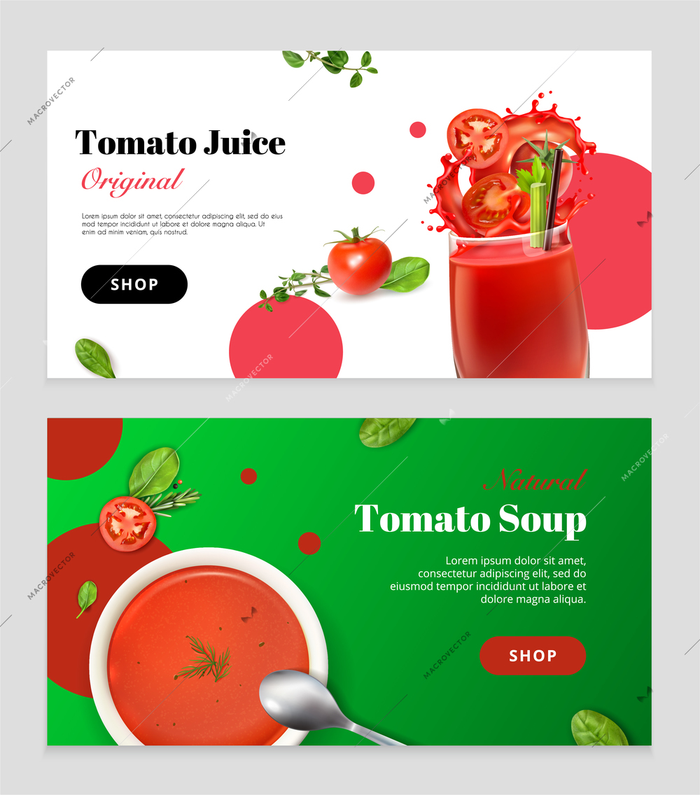 Realistic tomato set of two horizontal banners with dishes and editable text with clickable shop button vector illustration