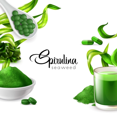 Realistic spirulina frame background with editable ornate text surrounded by water plant images and food products vector illustration