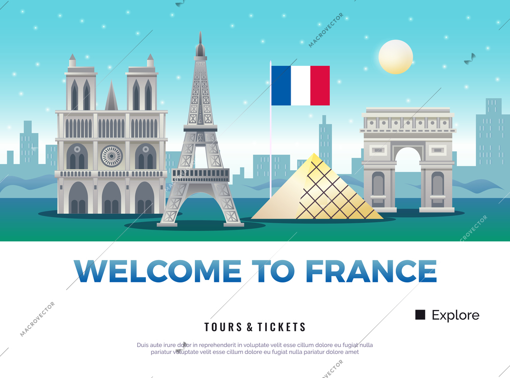 France tourism poster with museums and sights symbols flat vector illustration