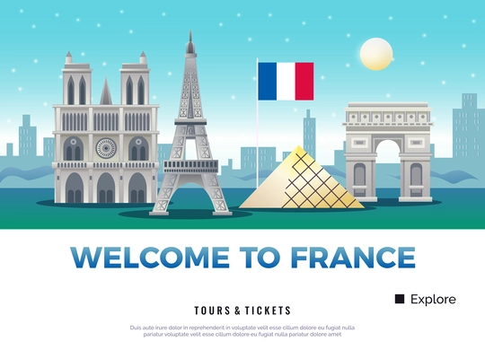France tourism poster with museums and sights symbols flat vector illustration
