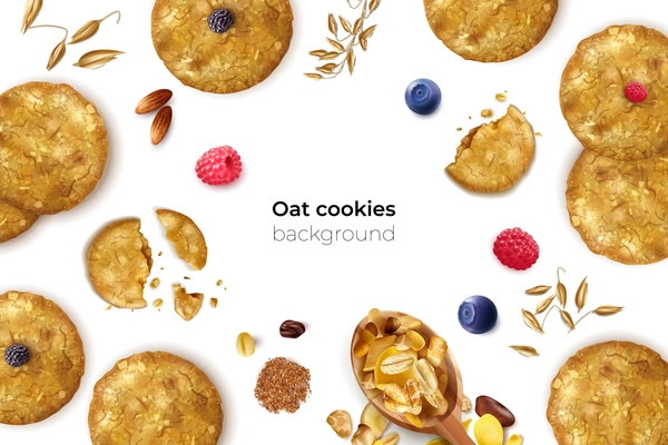 Realistic oat cookies frame background with editable text and isolated images of seeds biscuits and berries vector illustration