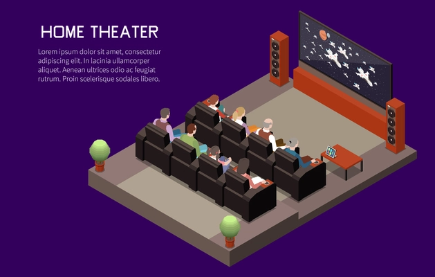 Cinema isometric background with editable text and composition of domestic tv screen audio system and auditorium vector illustration