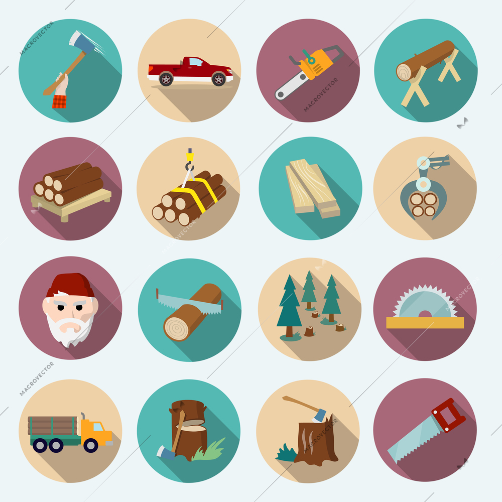 Lumberjack woodcutter flat icons set of axe working tools isolated vector illustration